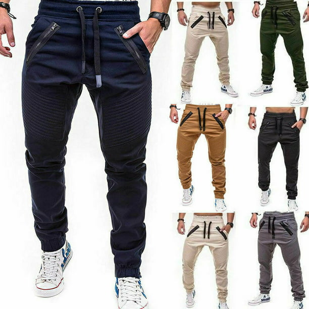 Mens Gym Slim Fit Trousers Tracksuit Bottoms Skinny Joggers Sweat zip pockets
